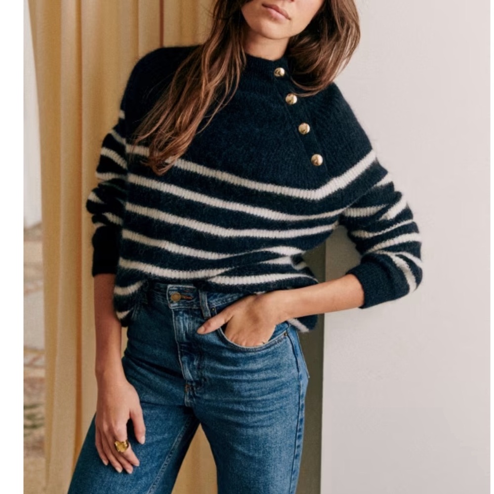 SEZANE Navy Blue & White Striped Alpaca Wool Sweater Fuzzy Preppy Trudy Jumper - Picture 4 of 16